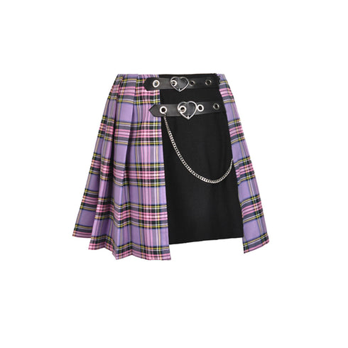 Punk purple checked splicing black pleated short skirt KW175
